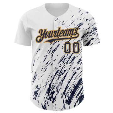 Custom White Navy-Old Gold 3D Pattern Design Abstract Splash Authentic Baseball Jersey