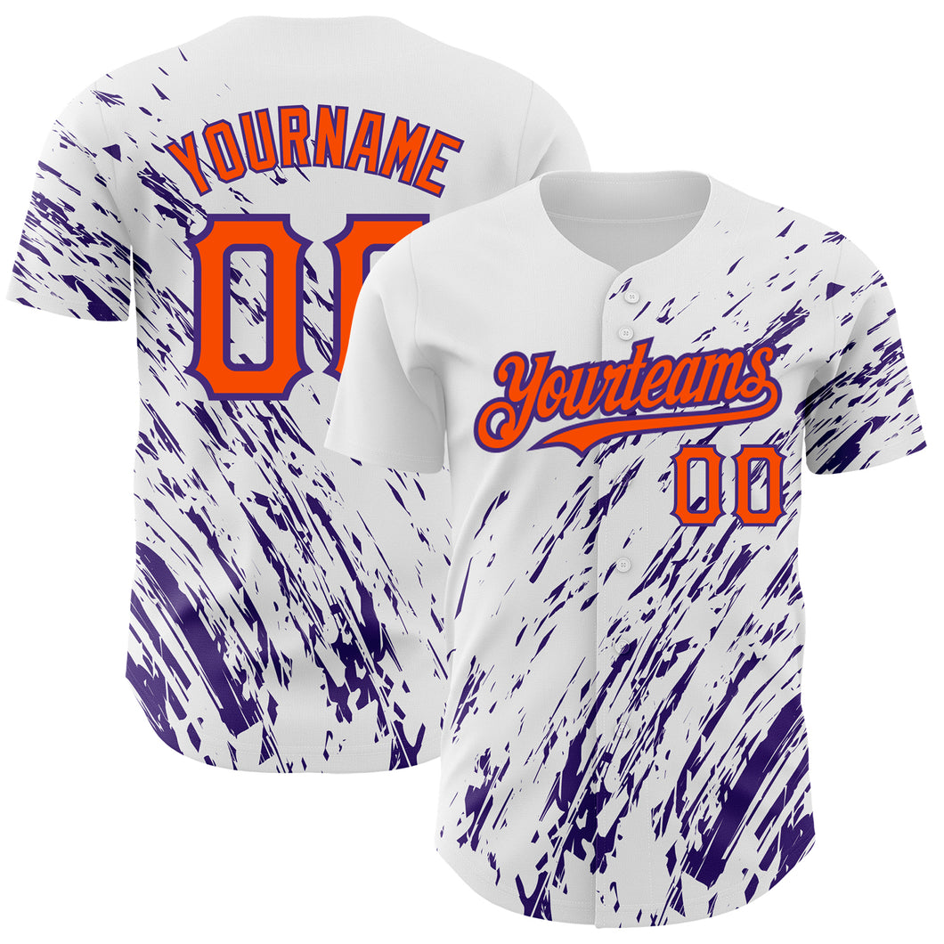 Custom White Orange-Purple 3D Pattern Design Abstract Splash Authentic Baseball Jersey