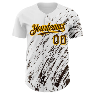 Custom White Brown-Gold 3D Pattern Design Abstract Splash Authentic Baseball Jersey