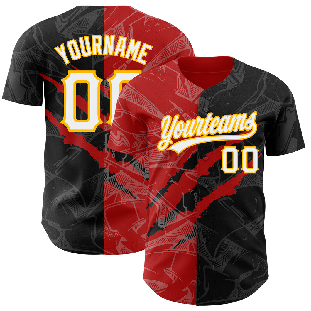 Custom Graffiti Pattern Black Red-Gold 3D Scratch Authentic Baseball Jersey