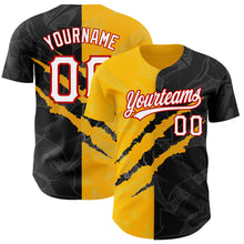 Load image into Gallery viewer, Custom Graffiti Pattern Black Gold-Red 3D Scratch Authentic Baseball Jersey
