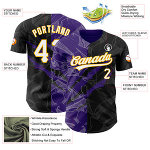 Custom Graffiti Pattern Black Purple-Gold 3D Scratch Authentic Baseball Jersey