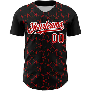 Custom Black Red-White 3D Pattern Design Star Lines Authentic Baseball Jersey