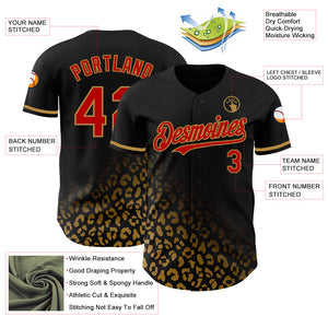 Custom Black Red-Old Gold 3D Pattern Design Leopard Print Fade Fashion Authentic Baseball Jersey