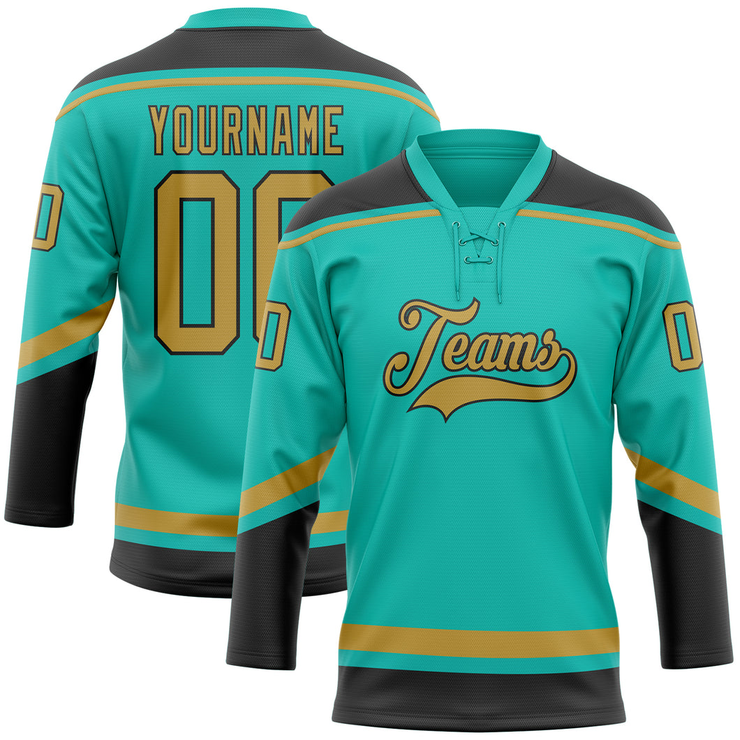 Custom Aqua Old Gold-Black Hockey Lace Neck Jersey