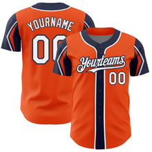 Load image into Gallery viewer, Custom Orange White-Navy 3 Colors Arm Shapes Authentic Baseball Jersey
