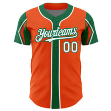 Load image into Gallery viewer, Custom Orange White-Kelly Green 3 Colors Arm Shapes Authentic Baseball Jersey
