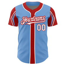 Load image into Gallery viewer, Custom Light Blue White-Red 3 Colors Arm Shapes Authentic Baseball Jersey
