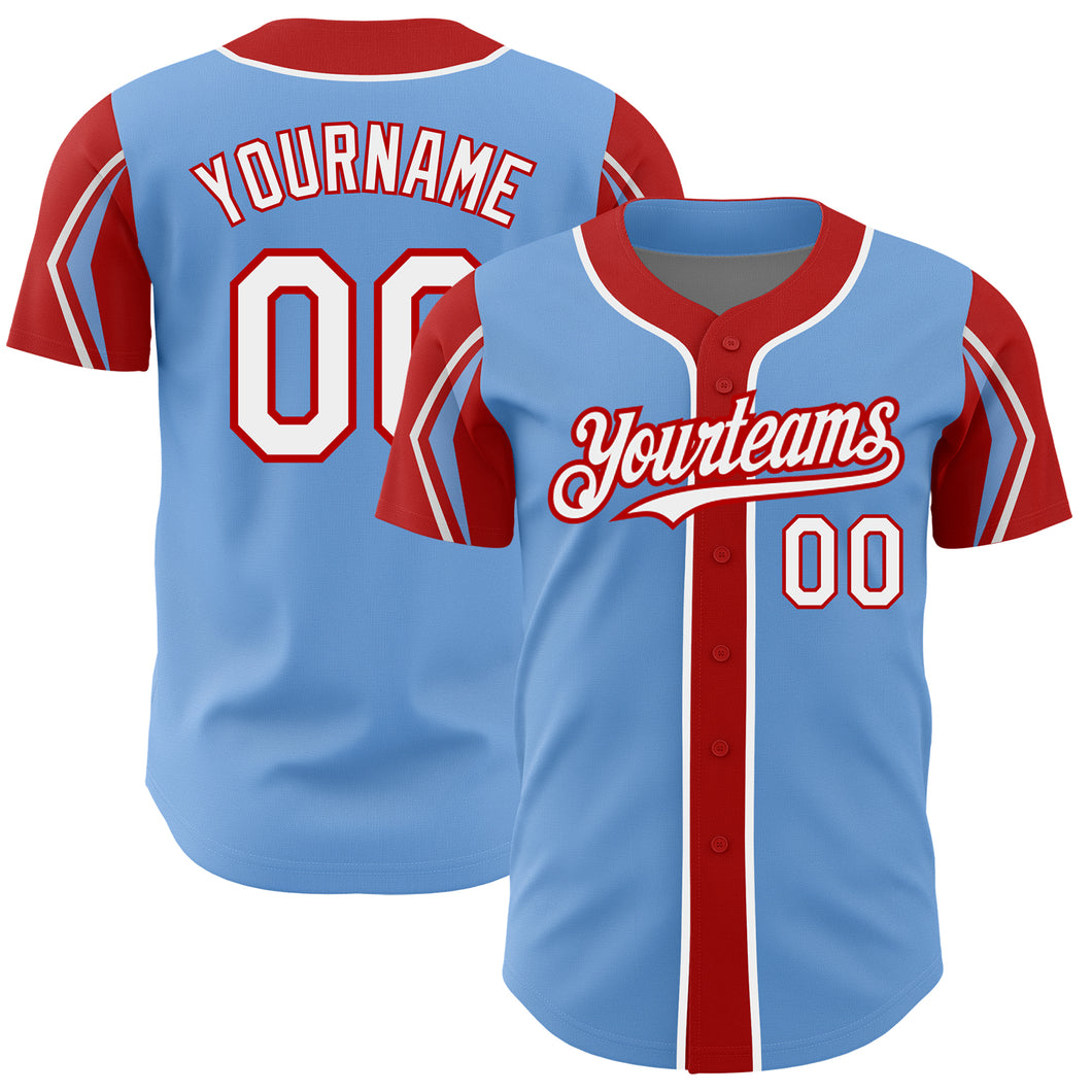 Custom Light Blue White-Red 3 Colors Arm Shapes Authentic Baseball Jersey