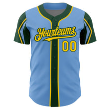 Load image into Gallery viewer, Custom Light Blue Yellow-Green 3 Colors Arm Shapes Authentic Baseball Jersey
