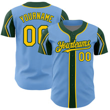 Load image into Gallery viewer, Custom Light Blue Yellow-Green 3 Colors Arm Shapes Authentic Baseball Jersey
