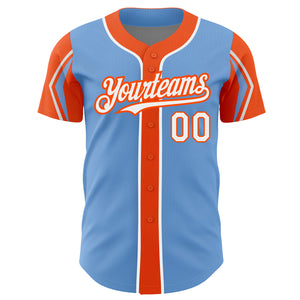 Custom Light Blue White-Orange 3 Colors Arm Shapes Authentic Baseball Jersey