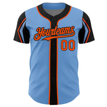 Load image into Gallery viewer, Custom Light Blue Orange-Black 3 Colors Arm Shapes Authentic Baseball Jersey
