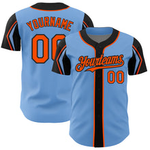 Load image into Gallery viewer, Custom Light Blue Orange-Black 3 Colors Arm Shapes Authentic Baseball Jersey
