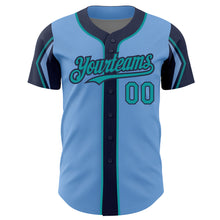 Load image into Gallery viewer, Custom Light Blue Teal-Navy 3 Colors Arm Shapes Authentic Baseball Jersey
