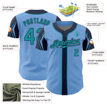 Load image into Gallery viewer, Custom Light Blue Teal-Navy 3 Colors Arm Shapes Authentic Baseball Jersey
