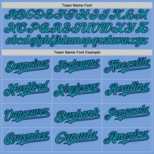 Load image into Gallery viewer, Custom Light Blue Teal-Navy 3 Colors Arm Shapes Authentic Baseball Jersey
