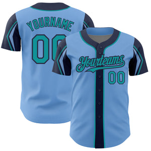 Custom Light Blue Teal-Navy 3 Colors Arm Shapes Authentic Baseball Jersey