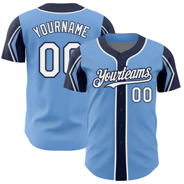 Custom Light Blue White-Navy 3 Colors Arm Shapes Authentic Baseball Jersey