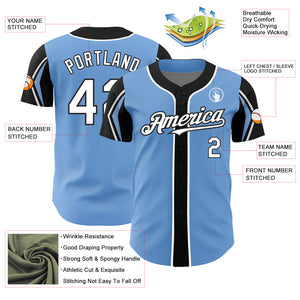 Custom Light Blue White-Black 3 Colors Arm Shapes Authentic Baseball Jersey