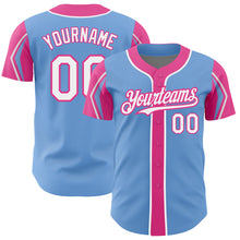 Load image into Gallery viewer, Custom Light Blue White-Pink 3 Colors Arm Shapes Authentic Baseball Jersey
