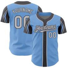 Load image into Gallery viewer, Custom Light Blue Gray-Steel Gray 3 Colors Arm Shapes Authentic Baseball Jersey
