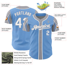 Load image into Gallery viewer, Custom Light Blue White-Gray 3 Colors Arm Shapes Authentic Baseball Jersey
