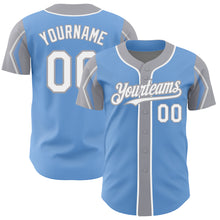 Load image into Gallery viewer, Custom Light Blue White-Gray 3 Colors Arm Shapes Authentic Baseball Jersey
