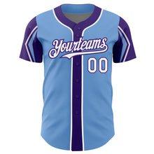 Load image into Gallery viewer, Custom Light Blue White-Purple 3 Colors Arm Shapes Authentic Baseball Jersey
