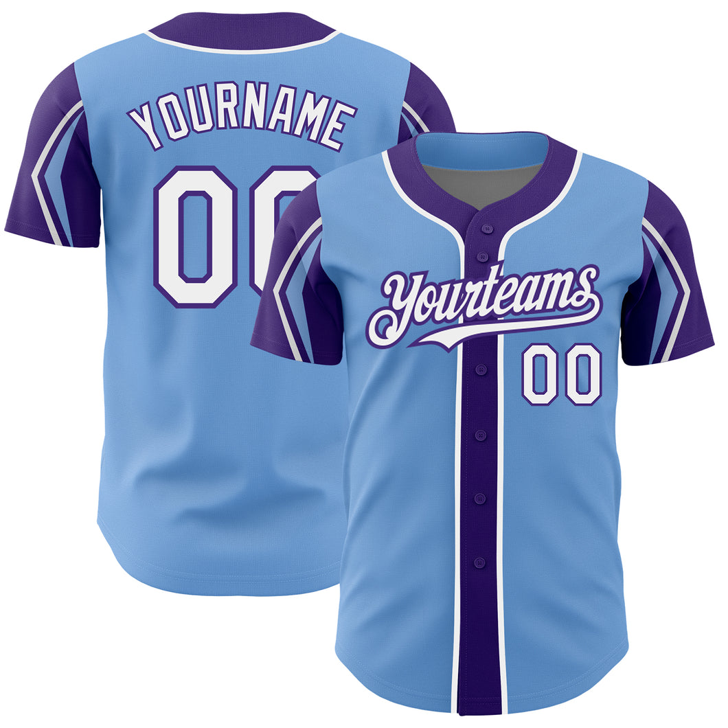 Custom Light Blue White-Purple 3 Colors Arm Shapes Authentic Baseball Jersey