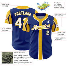 Load image into Gallery viewer, Custom Royal White-Yellow 3 Colors Arm Shapes Authentic Baseball Jersey
