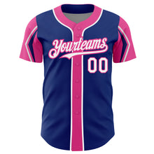 Load image into Gallery viewer, Custom Royal White-Pink 3 Colors Arm Shapes Authentic Baseball Jersey
