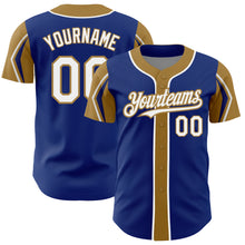 Load image into Gallery viewer, Custom Royal White-Old Gold 3 Colors Arm Shapes Authentic Baseball Jersey
