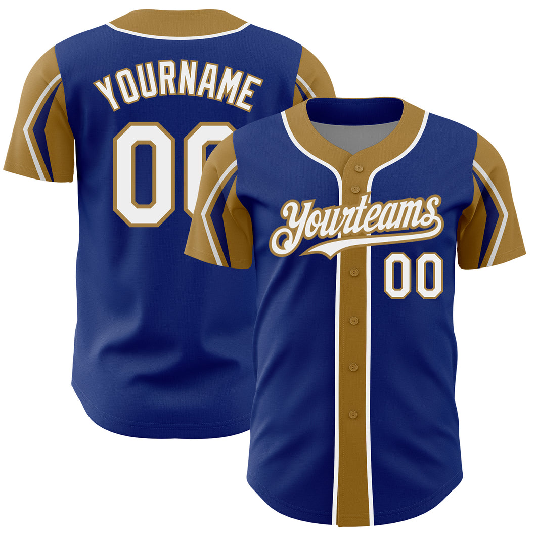 Custom Royal White-Old Gold 3 Colors Arm Shapes Authentic Baseball Jersey