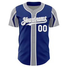 Load image into Gallery viewer, Custom Royal White-Gray 3 Colors Arm Shapes Authentic Baseball Jersey
