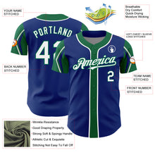 Load image into Gallery viewer, Custom Royal White-Kelly Green 3 Colors Arm Shapes Authentic Baseball Jersey
