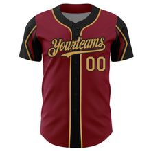 Load image into Gallery viewer, Custom Crimson Old Gold-Black 3 Colors Arm Shapes Authentic Baseball Jersey
