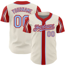 Load image into Gallery viewer, Custom Cream Light Blue-Red 3 Colors Arm Shapes Authentic Baseball Jersey
