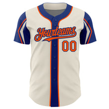 Load image into Gallery viewer, Custom Cream Orange-Royal 3 Colors Arm Shapes Authentic Baseball Jersey
