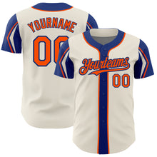 Load image into Gallery viewer, Custom Cream Orange-Royal 3 Colors Arm Shapes Authentic Baseball Jersey
