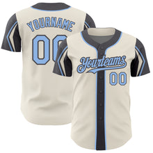 Load image into Gallery viewer, Custom Cream Light Blue-Steel Gray 3 Colors Arm Shapes Authentic Baseball Jersey
