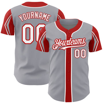 Custom Gray White-Red 3 Colors Arm Shapes Authentic Baseball Jersey