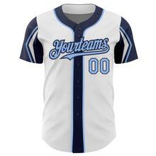 Load image into Gallery viewer, Custom White Light Blue-Navy 3 Colors Arm Shapes Authentic Baseball Jersey
