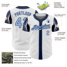 Load image into Gallery viewer, Custom White Light Blue-Navy 3 Colors Arm Shapes Authentic Baseball Jersey
