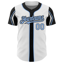 Load image into Gallery viewer, Custom White Light Blue-Black 3 Colors Arm Shapes Authentic Baseball Jersey
