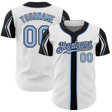 Load image into Gallery viewer, Custom White Light Blue-Black 3 Colors Arm Shapes Authentic Baseball Jersey
