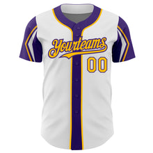 Load image into Gallery viewer, Custom White Gold-Purple 3 Colors Arm Shapes Authentic Baseball Jersey
