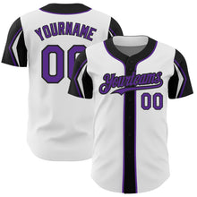 Load image into Gallery viewer, Custom White Purple-Black 3 Colors Arm Shapes Authentic Baseball Jersey
