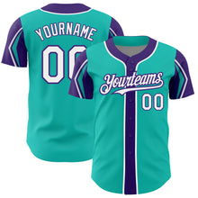 Load image into Gallery viewer, Custom Aqua White-Purple 3 Colors Arm Shapes Authentic Baseball Jersey
