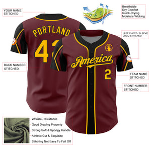 Custom Burgundy Gold-Black 3 Colors Arm Shapes Authentic Baseball Jersey